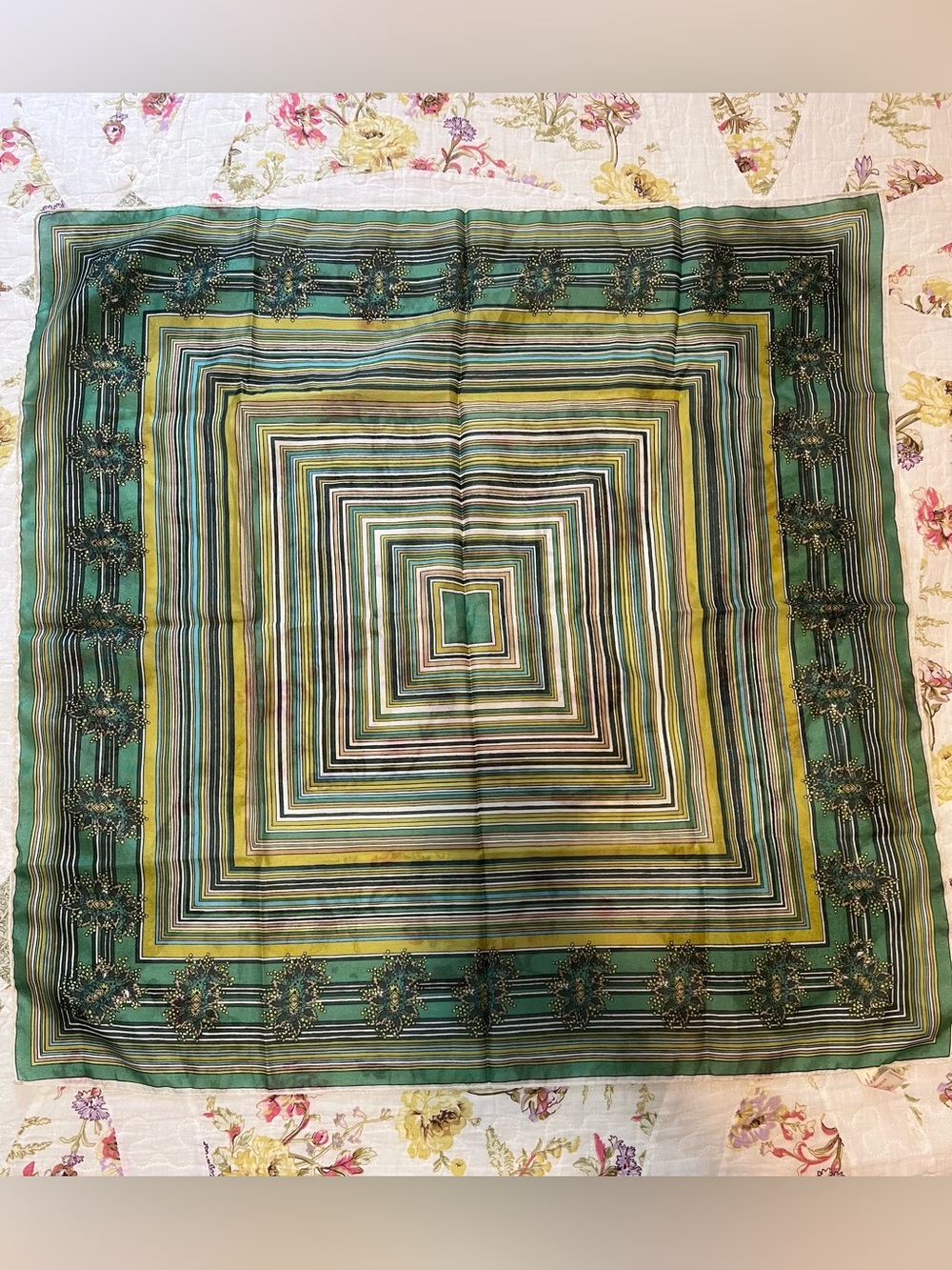 Vintage Made in Italy Square Scarf Geometric Striped Floral Green Olive 26"